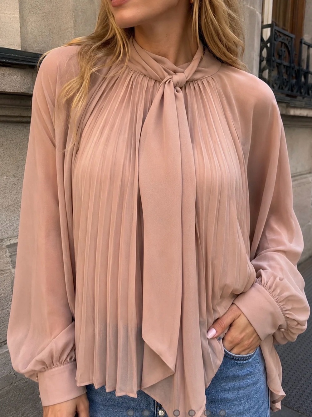 Pleated Tie-Neck Blouse - Camel